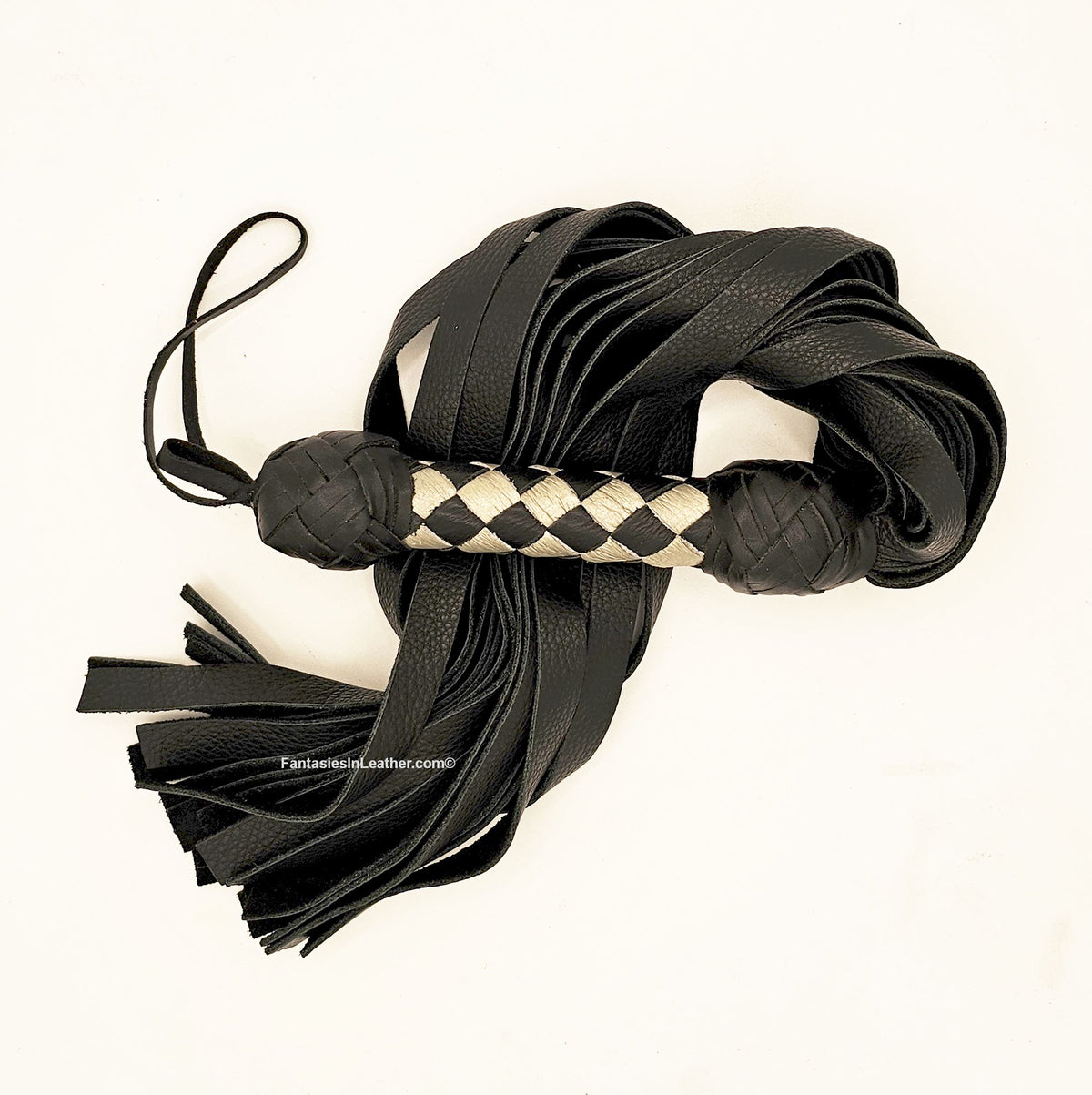 Platinum And Black Diamond Weave Leather Flogger